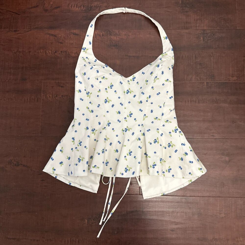 Zara Blueberries Pattern Halter Tie Back Top, Size S